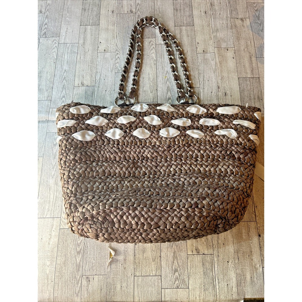 Raffia Bucket Tote Bag Boho Beach Vacation Travel Straw Shell Bow Medium - Picture 9 of 16